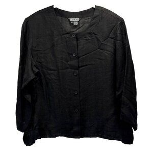Ann May Women's‎ Top Blouse Size XL Solid Black 100% Silk Semi Sheer 3/4 Sleeves